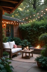 Cozy seating area on the outdoor terrace with garlands and greenery in the garden