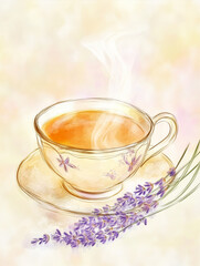 Fototapeta premium Steaming lavender tea in delicate floral teacup illustration