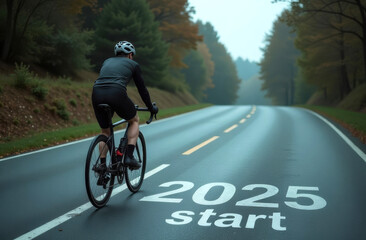 Cyclist on rainy road with 2025 start line in forest setting