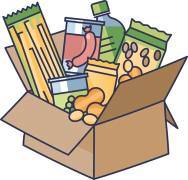 A box filled with groceries like pasta, canned goods, and snacks, symbolizing convenience and variety.