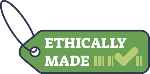 Green tag with 'Ethically Made' text and checkmark, symbolizing sustainable fashion.