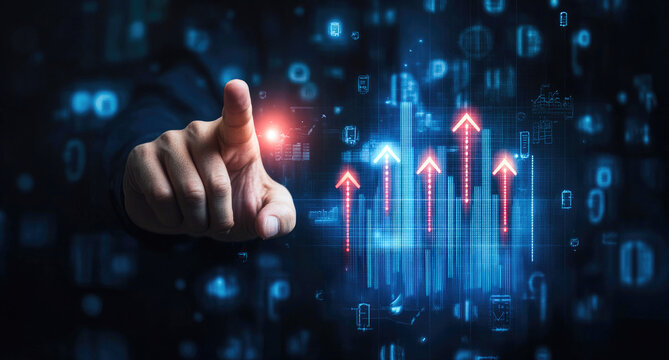 A hand interacts with glowing digital graphs representing growth and innovation in modern technology during a futuristic setting. Generative AI