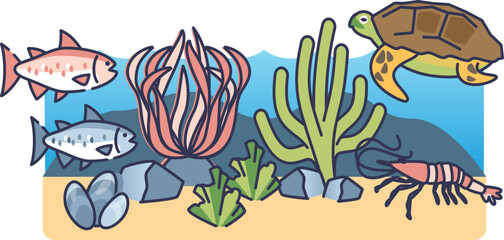 Colorful coral reef with fish, turtle, and marine life, symbolizing ocean biodiversity.