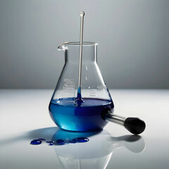 A glass beaker half-filled with a colorful liquid,