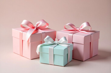 Fototapeta premium Pastel gift boxes in pink and blue with ribbons adorn a beige surface, perfect for a festive occasion or celebration.