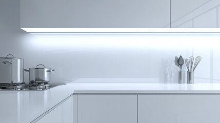 Modern Minimalist Kitchen with Sleek White Cabinets, Bright Lighting, and High-Quality Cookware in a Contemporary Design for Stylish Culinary Spaces