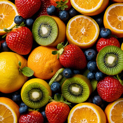 Bright, colorful fruits like strawberries, oranges