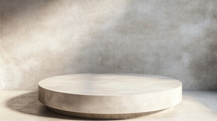 Minimalist Concrete Display Platform in a Neutral Room with Soft Lighting and Textured Wall, Perfect for Product Showcase and Creative Presentations