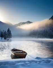 Fototapeta premium snow landscape with boat and mountains and amazing foggy light at the background during winter