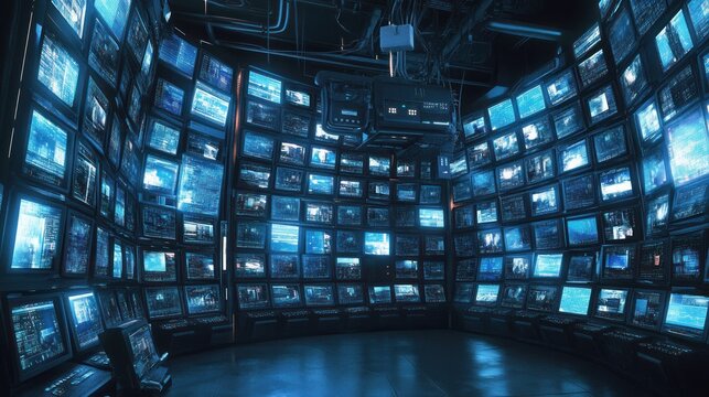 Digital information media social networking technology with hundreds of television screens background wallpaper AI generated image