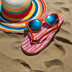 Brightly colored beach gear including sandals