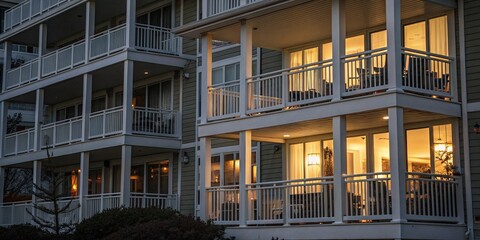 Obraz premium Enclosed Balconies in an Apartment Building with White Woodwork and Glazed Lookouts Captured in Low Light for a Cozy Evening Atmosphere