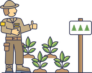 Forest ranger with seedlings, promoting reforestation.
