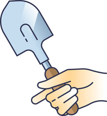 A hand holding a trowel symbolizes gardening and manual work.