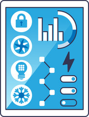 Icons of lock, fan, light bulb, snowflake, and energy symbols on a digital interface.