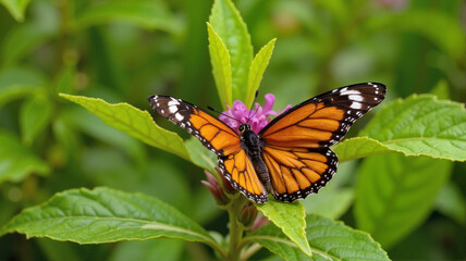 Obraz premium Monarch butterfly perched on pink flower in garden 