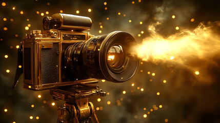 Golden Camera with Smoke and Bokeh - 3D Illustration