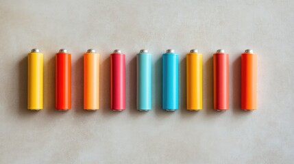 Fototapeta premium Colorful Alkaline Batteries Arranged in a Straight Line on a Textured Surface for Energy and Power Concepts, Ideal for Technology and Environmental Themes