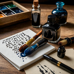 Calligraphy brushes and pens placed alongside each other showcase