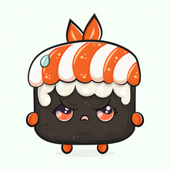Cute angry Sushi character. Vector hand drawn cartoon kawaii character illustration icon. Isolated on light green background. Sad Sushi character concept