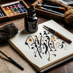 Calligraphy brushes and pens placed alongside each other showcase