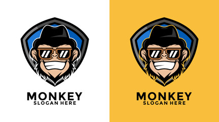 Monkey mascot logo vector. Geek monkey logo. Chimpanzee vector logo design, Monkey with hat and shield