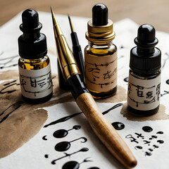 Calligraphy brushes and pens placed alongside each other showcase