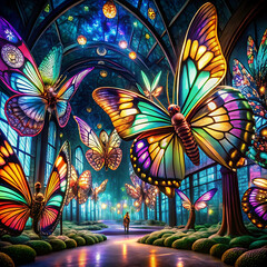 Oversized insects in a surreal, fantastical setting with vibrant colors,