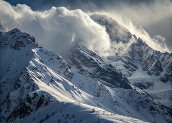 Obraz premium Enormous Blizzard Clouds Loom Above Mountain Ridges, Capturing the Majestic Power of Nature in a Stunning Candid Photography Scene