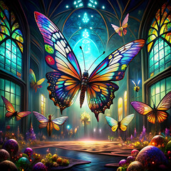Oversized insects in a surreal, fantastical setting with vibrant colors,