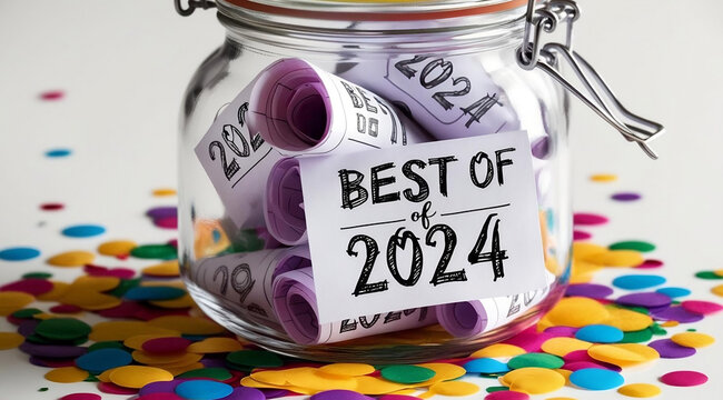 A glass jar filled with rolled papers labeled "Best of 2024," surrounded by colorful confetti, celebrating achievements or memories.