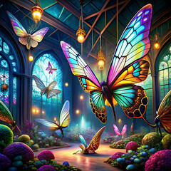 Oversized insects in a surreal, fantastical setting with vibrant colors,