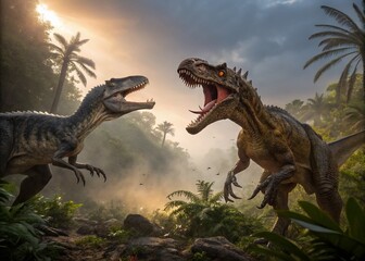 Epic Battle between Allosaurus and Therizinosaurus: A Macro Photography Scene Capturing Prehistoric Dinosaurs Clashing in a Vivid and Detailed Landscape
