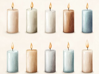 A series of decorative candles in soft hues, each lit and arranged in two rows, creating a warm and calming ambiance.