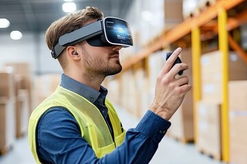 A man in a warehouse uses VR technology while holding a smartphone, wearing a safety vest and VR headset for enhanced work efficiency.