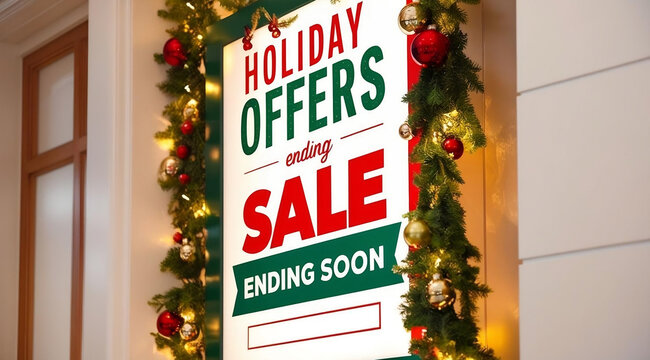 A festive sign promotes holiday offers and a sale that is ending soon, decorated with greenery and ornaments, attracting shoppers during the holiday season.