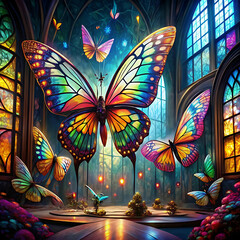 Oversized insects in a surreal, fantastical setting with vibrant colors,