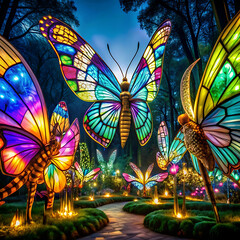 Oversized insects in a surreal, fantastical setting with vibrant colors,