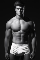 Fototapeta premium Athletic male model posing in classic white briefs showcasing muscular physique with dramatic lighting on a black background, highlighting strength and confidence