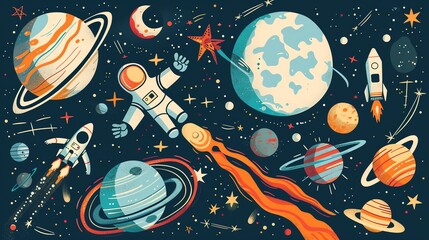 Astronauts and rockets flying through space with planets and stars.