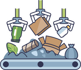 Robotic arms sorting waste on a conveyor, highlighting automation in recycling.
