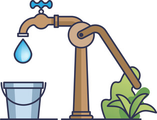 Illustration of a water pump with a bucket and plants, symbolizing water conservation.