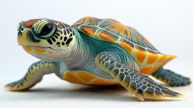 A close-up of a sea turtle with a colorful shell.