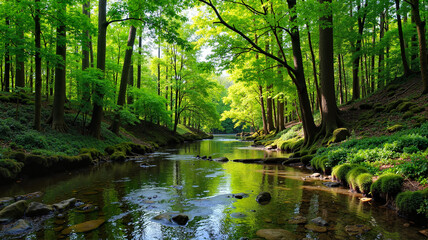 Obraz premium Forest river flowing through lush greenery 