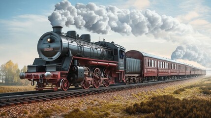 Fototapeta premium Vintage locomotive retro old steam train transportation concept with old pictures background wallpaper AI generated image