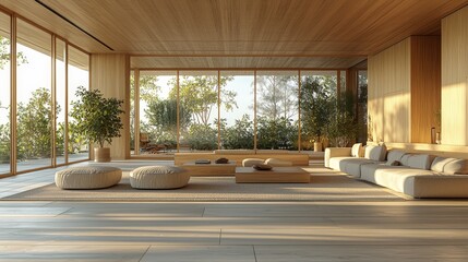 A serene modern living room with large windows, natural light, and minimalist decor.