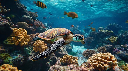 Obraz premium A coral wonderland comes to life with turtle swimming through radiant hues