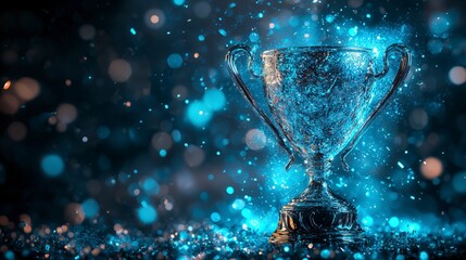 A silver-finished trophy emitting cold blue light particles, symbolizing excellence and calm victory, offering a modern and serene visual experience.