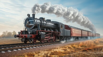 Naklejka premium Vintage locomotive retro old steam train transportation concept with old pictures background wallpaper AI generated image