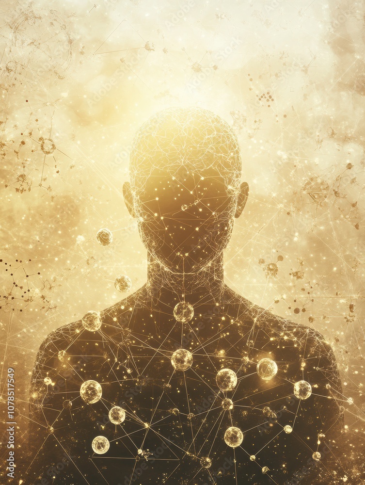 Aufkleber A human silhouette is enveloped in golden light, surrounded by molecular structures and diagrams that symbolize scientific inquiry and discovery. Generative AI